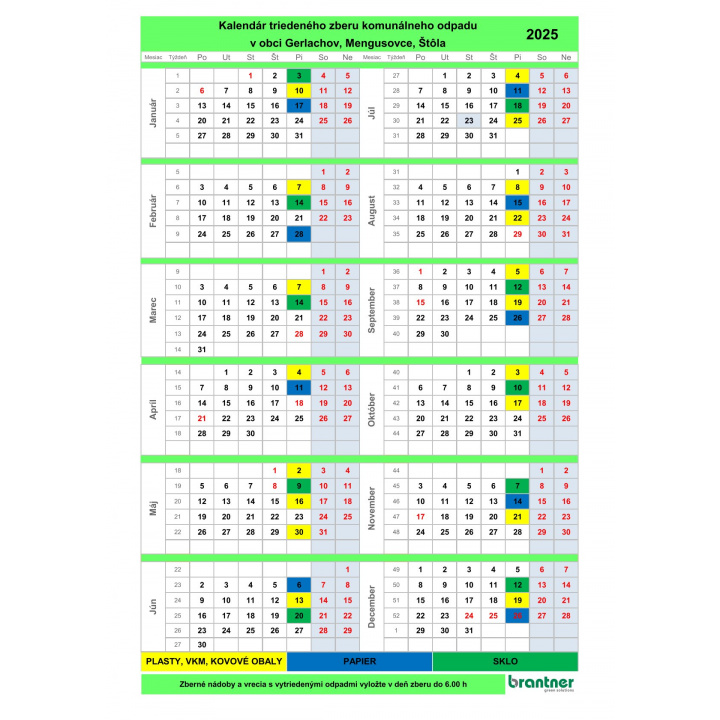  Kalendár triedeného zberu komunálneho odpadu pre rok 2025