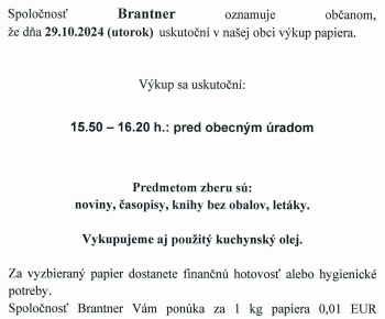 Aktuality / Výkup papiera 29.10.2024 ( utorok ) od 15.50 hod. do 16.20 hod. pred obecným úradom - foto